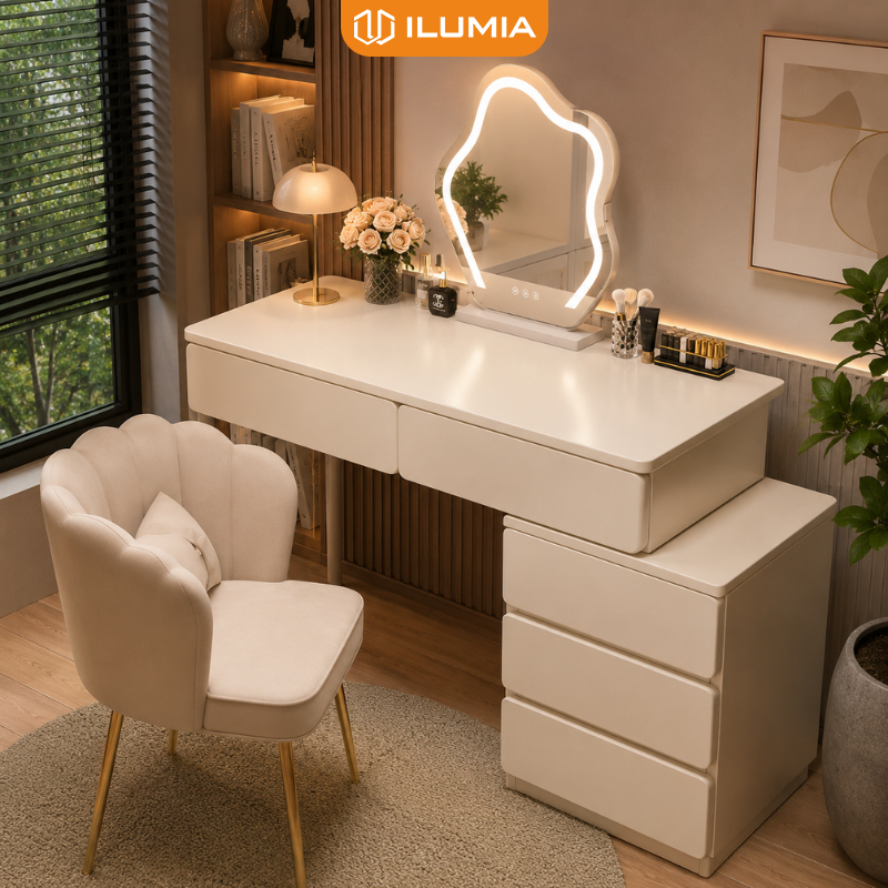 Bàn trang điểm kèm tủ 3 hộc kéo màu full trắng sang trọng thương hiệu ILUMIA - GM142