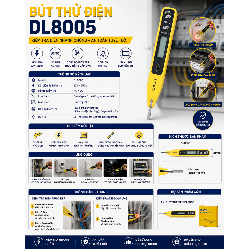 BÚT THỬ ĐIỆN ĐA NĂNG DL8005 (12-250V AC/DC)