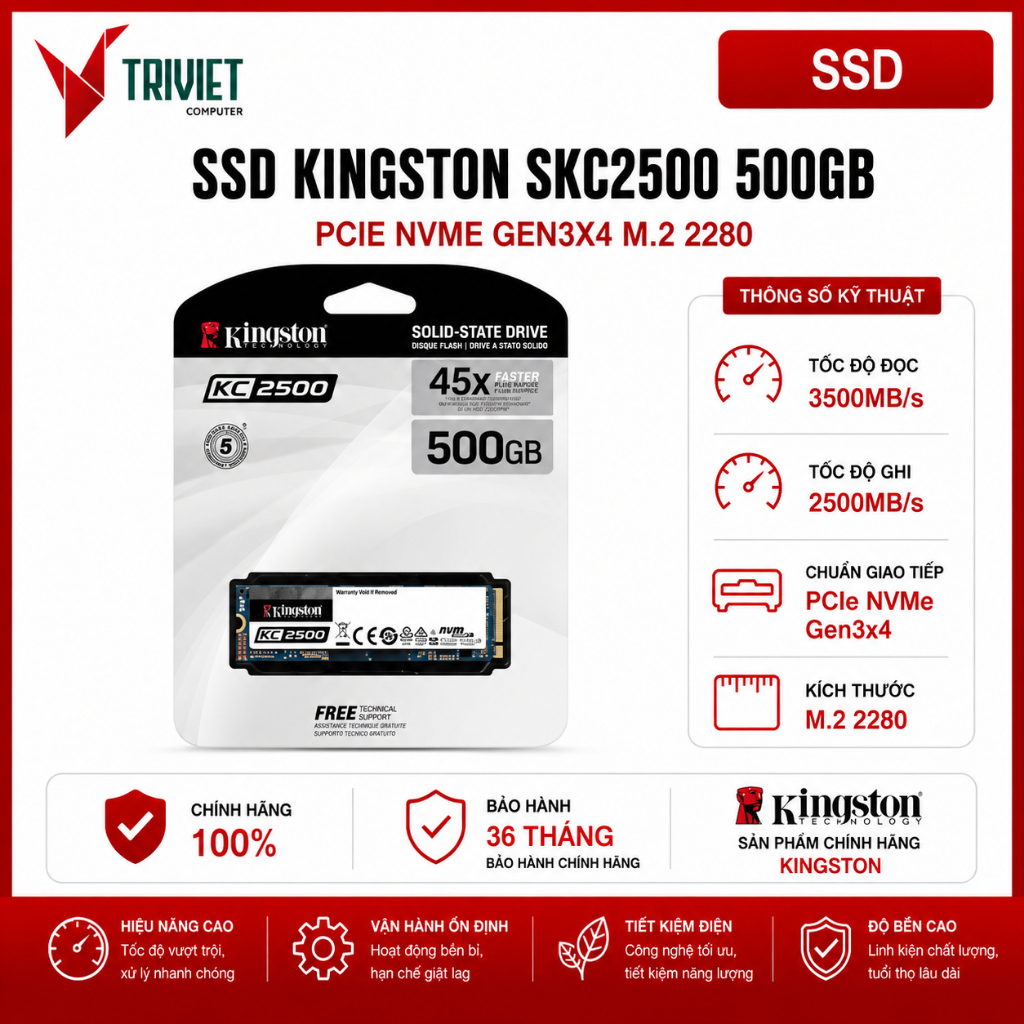 Ổ Cứng Gắn Trong SSD Kingston SKC2500 500Gb PCIe NVMe Gen3x4 M2.2280 - Tốc Độ Cao Cho PC & Laptop