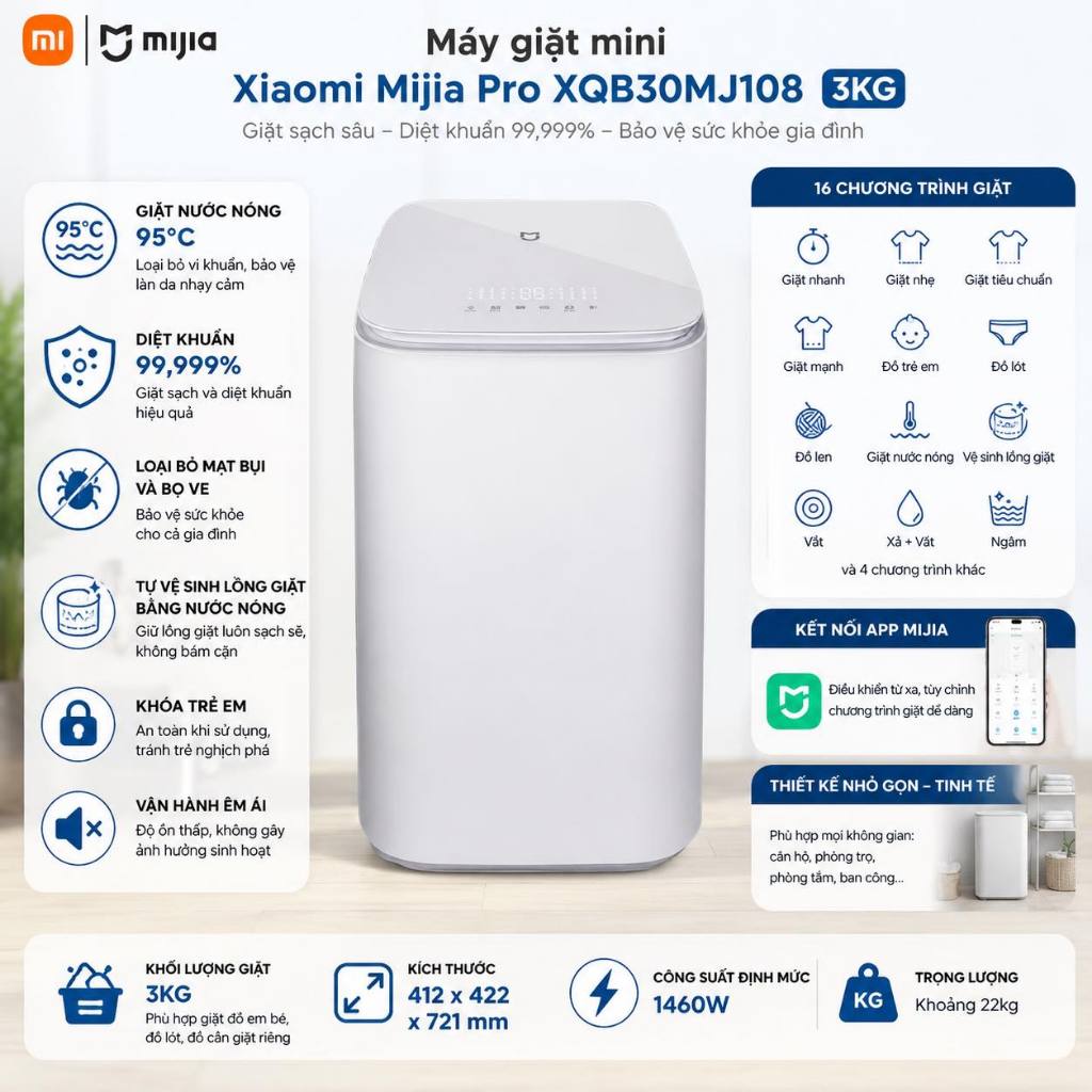Máy giặt nước nóng khử khuẩn mini Xiaomi Mijia Pro XQB30MJ108 3kg