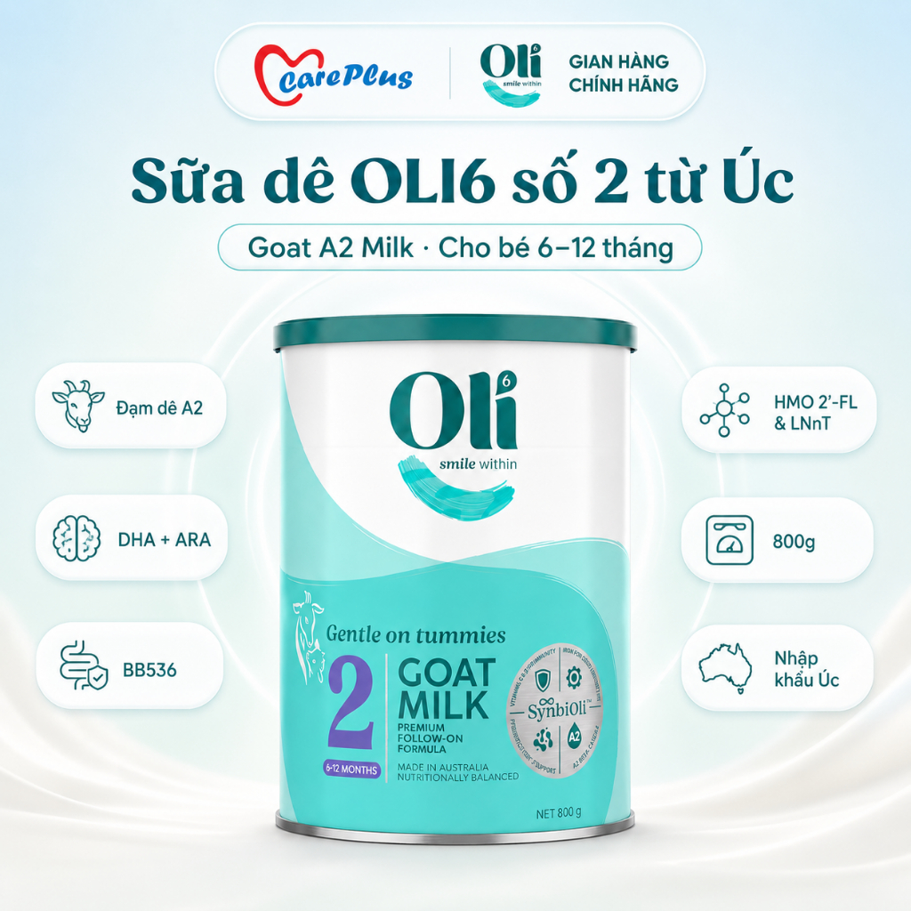 Sữa công thức dê OLI6 số 2 800g cho bé 6-12 tháng đạm A2 DHA men vi sinh BB536 nhập khẩu Úc