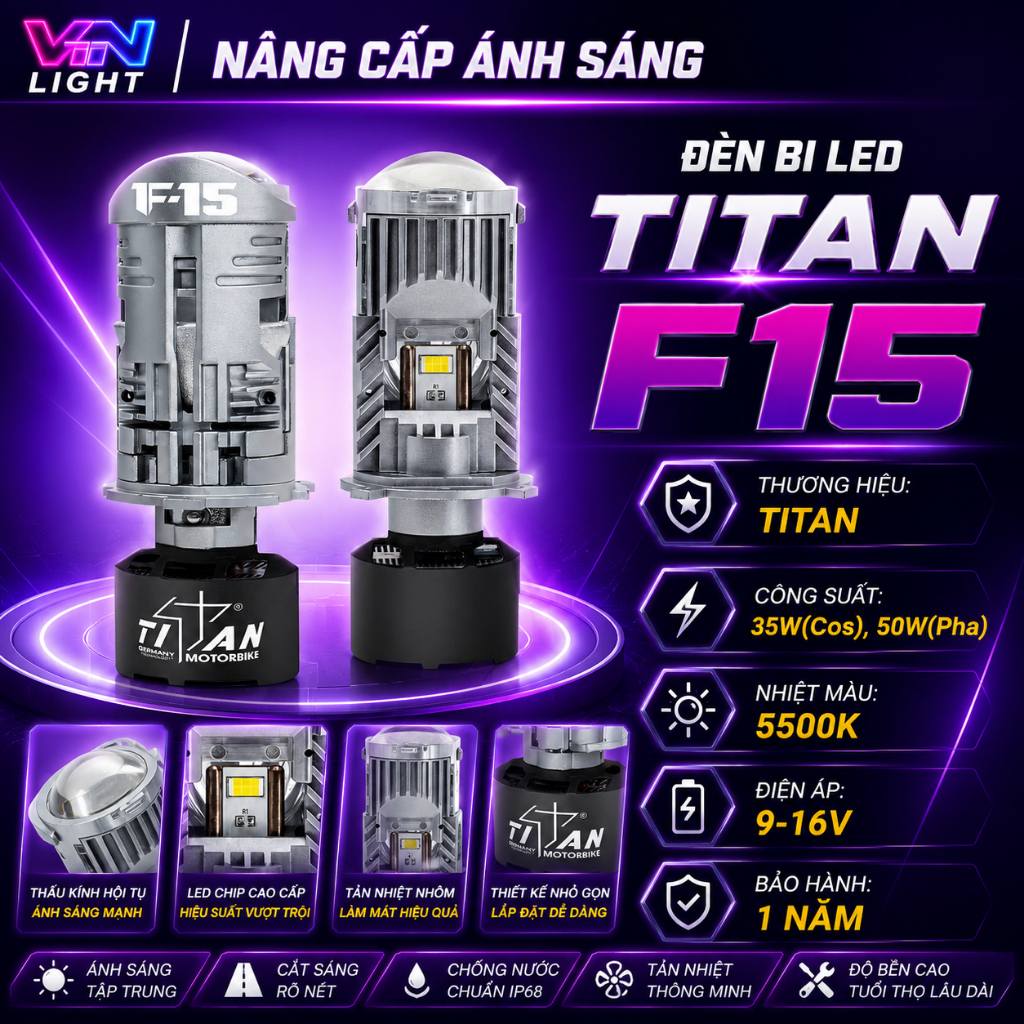 Đèn Bi LED Titan F15 50W Chính Hãng Siêu Sáng Cos Pha Rõ Nét Bám Đường Tốt Cao Cấp BH 1 Năm