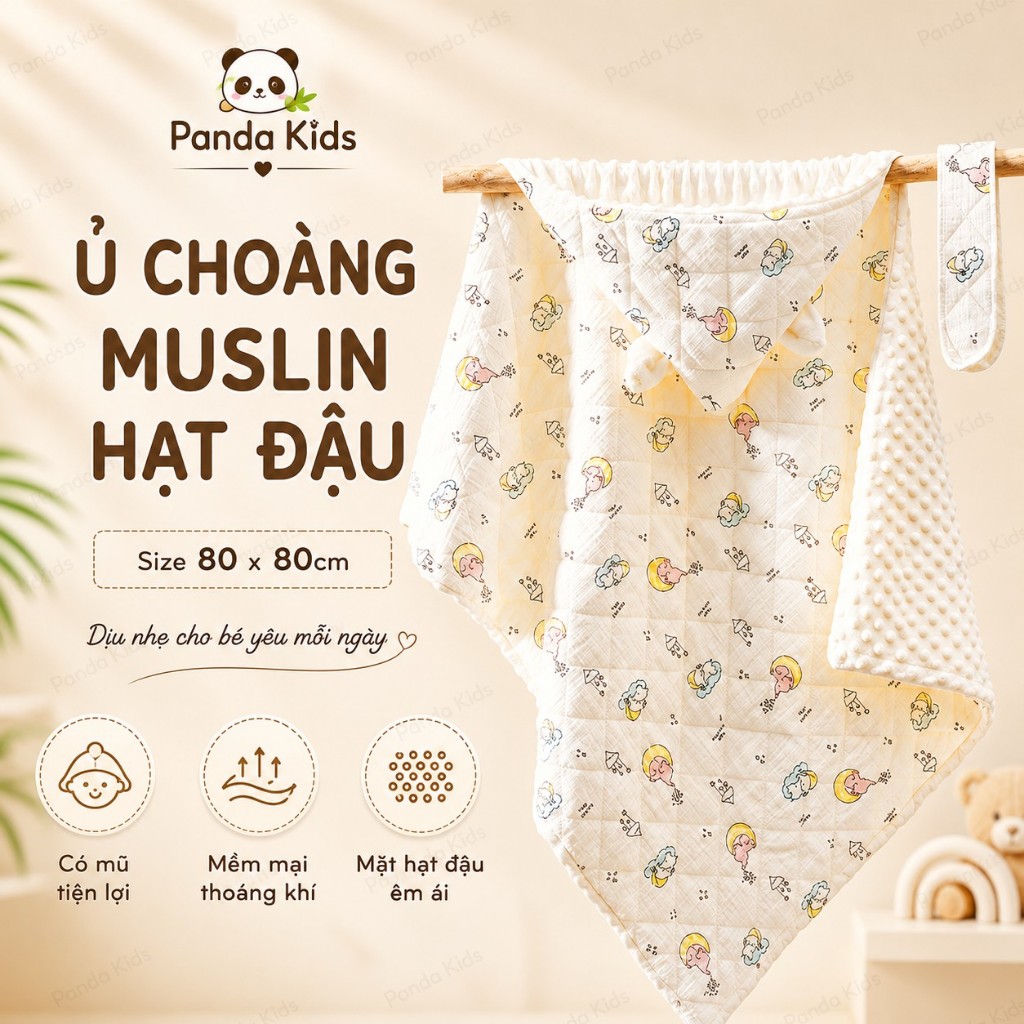 Ủ Choàng Xô Muslin Hạt Đậu Cho Bé Sơ Sinh, Khăn Ủ Mềm Mại Thoáng Khí Size 80x80cm - Panda Kids  - HT