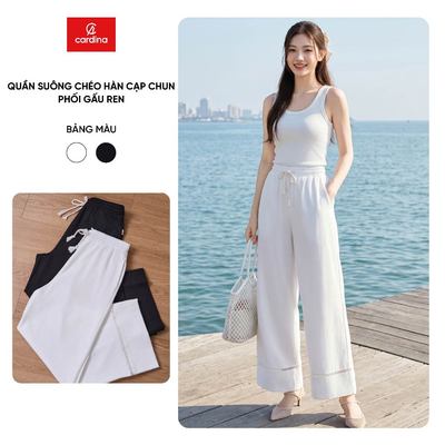 Quần dài nữ CARDINA chất liệu chéo hàn dáng suông cạp chun phối gấu ren 6QDT11