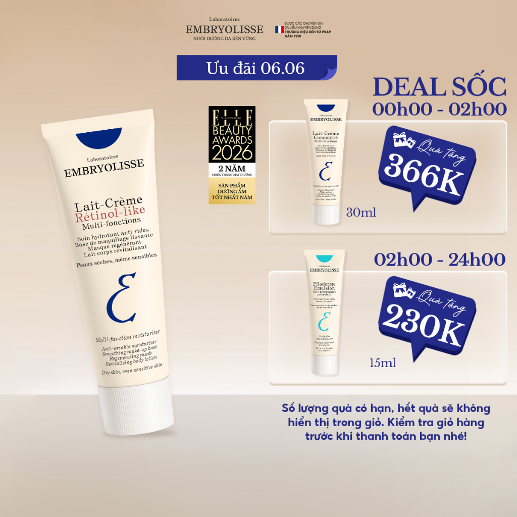 Kem Dưỡng Hỗ Trợ Cải Thiện Nền Da, Sáng Mịn Lait Crème Retinol Like Embryolisse 15 - 75ml