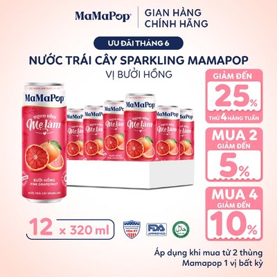 Thùng 12 Lon Nước Trái Cây Có Gas MaMaPop Bưởi Hồng 320ml ÍT ĐƯỜNG Từ Trái Cây Nguyên Chất, Bổ Sung VITAMIN Và KOMBUCHA