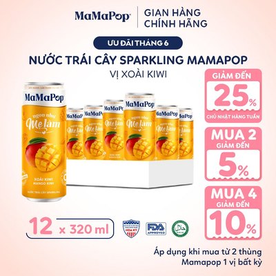 Thùng 12 Lon Nước Trái Cây Có Gas MaMaPop Xoài Kiwi 320ml ÍT ĐƯỜNG Từ Trái Cây Nguyên Chất, Bổ Sung VITAMIN C, KOMBUCHA