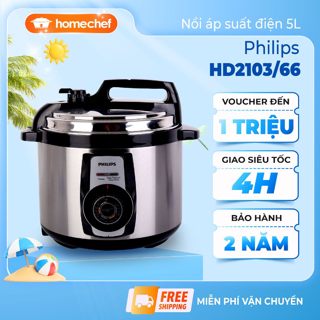 [HÀNG CHÍNH HÃNG] Nồi áp suất cơ Philips HD2103 - 5L - 900W, 14 chức năng nấu, bảo hành 2 năm