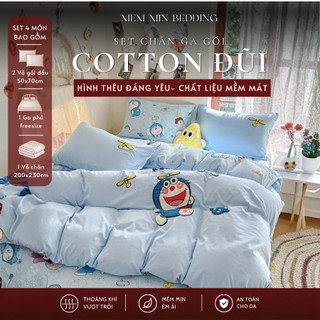 (ST856) Bộ Chăn Ga Gối Vỏ Chăn  Đũi Mềm Mại Mát Rượi Thêu Nôi Họa Tiết Doremon Xinh Xắn  - MemMinbedding