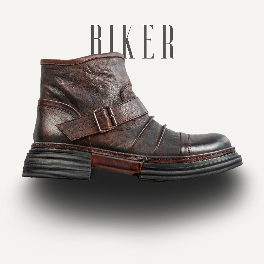 Giày boots nam cổ cao BIKER BOOTS màu nâu, giày boot đi motor da bò thật có khoá kéo thương hiệu TON