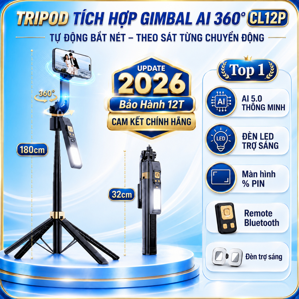 Gậy chụp ảnh 4 chân tích hợp gimbal AI CL12-P, Tripod xoay 360 tự động thông minh từ xa có đèn led