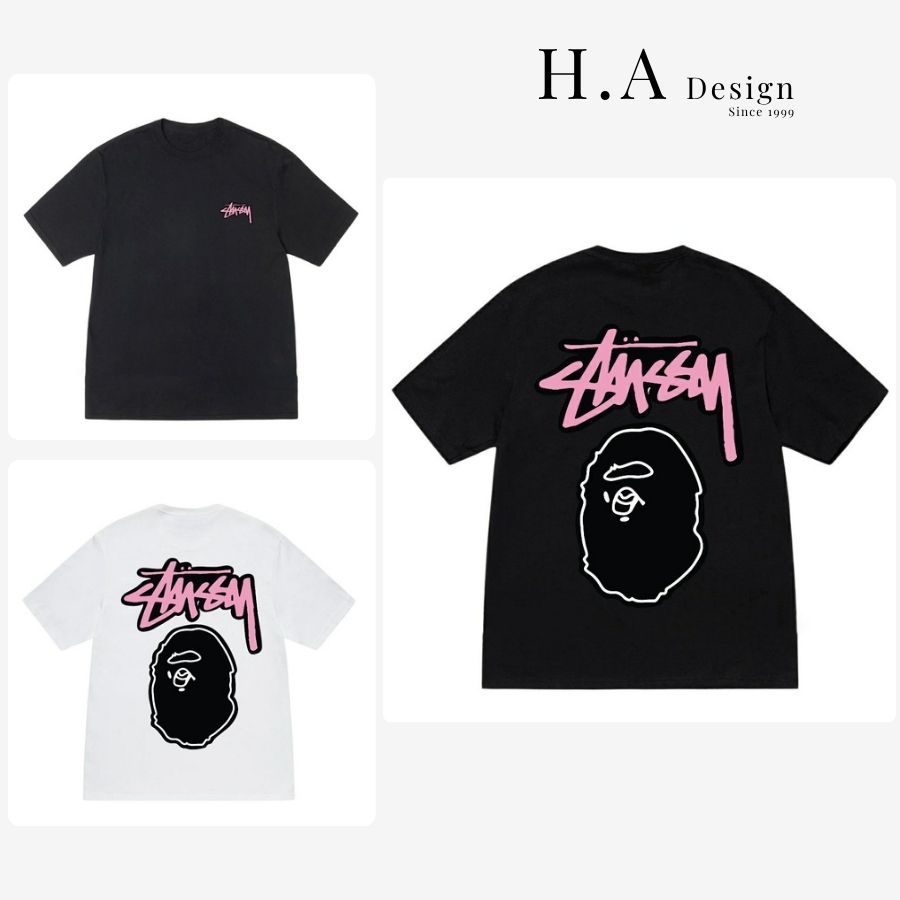 Áo Thun Stussy x Bape Logo Form Unisex Nam Nữ Vải Cotton 250GSM Áo Phông Bape 585453