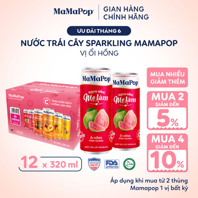 Thùng 12 Lon Nước Trái Cây Có Gas MaMaPop Ổi Hồng 320ml ÍT ĐƯỜNG Từ Trái Cây Nguyên Chất Bổ Sung VITAMIN C Và KOMBUCHA