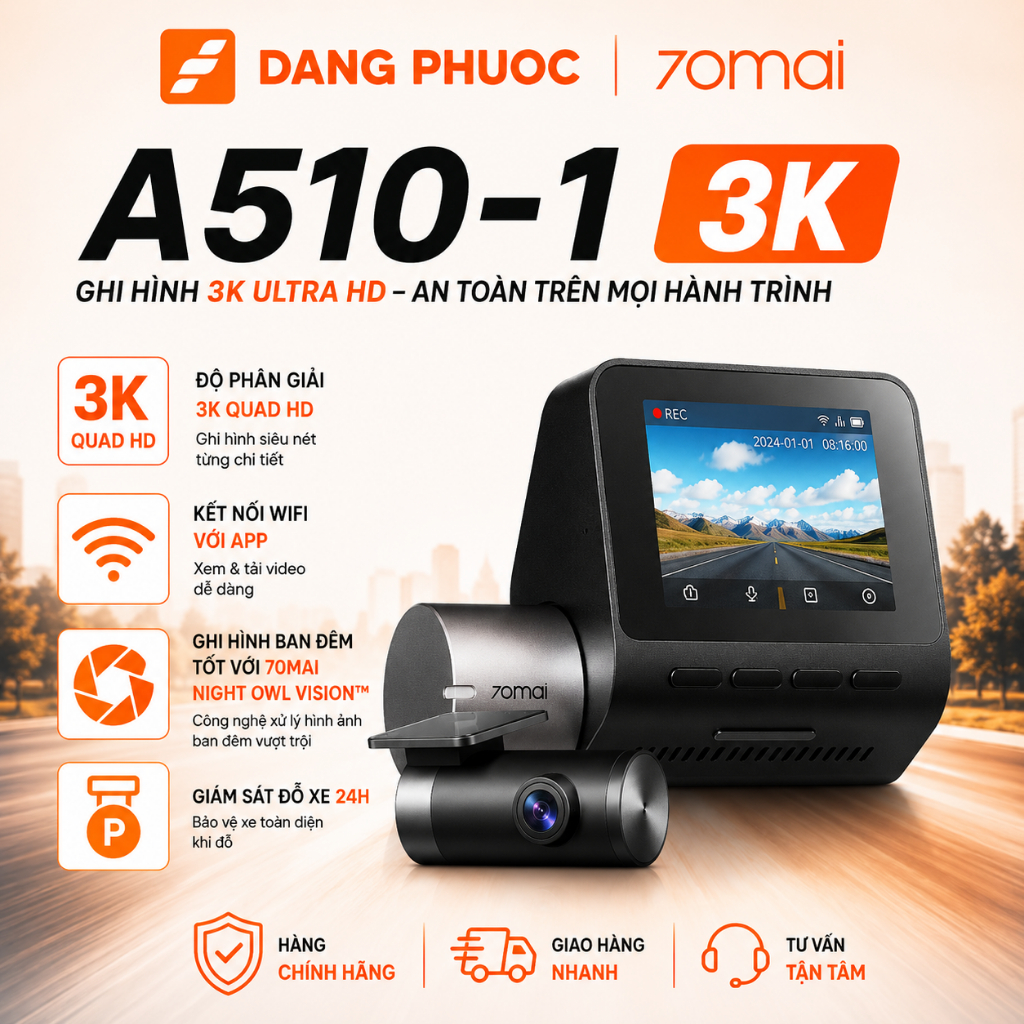 Camera hành trình 70mai A510-1, Ghi hình 2 kênh TRƯỚC SAU với HDR, Cảm biến Sony Starvis 2 IMX675