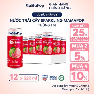 Thùng 12 Lon Nước Trái Cây Có Gas MaMaPop 1 Vị 320ml ÍT ĐƯỜNG Từ Trái Cây Nguyên Chất Bổ Sung VITAMIN C Và KOMBUCHA