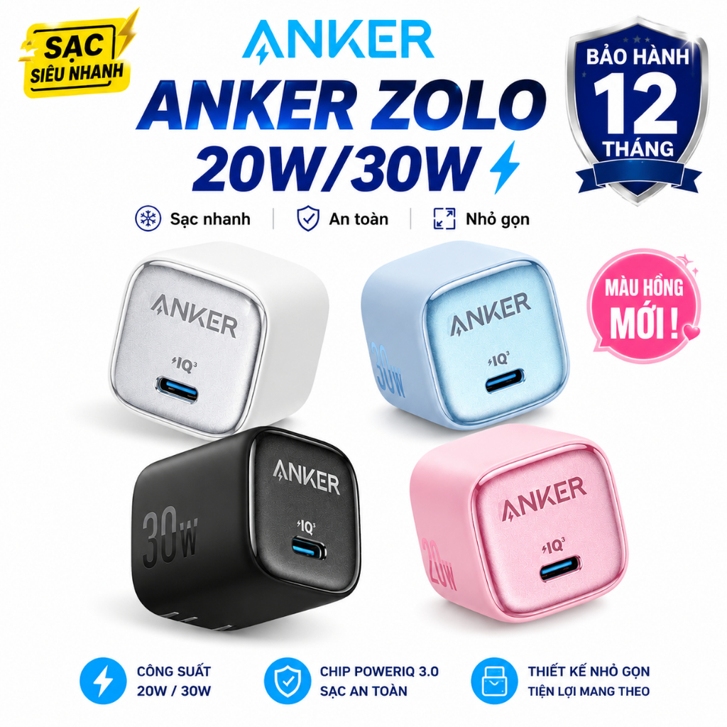 Củ sạc nhanh ANKER Zolo 30W PD Sạc nhanh, chân gấp gọn