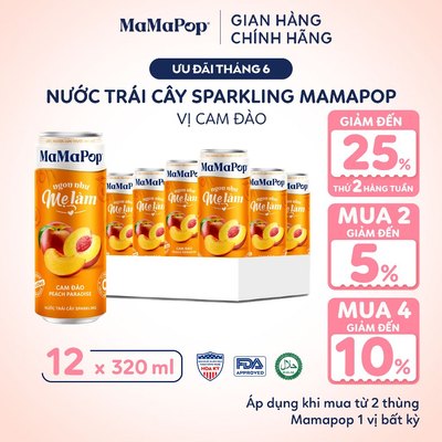 Thùng 12 Lon Nước Trái Cây Có Gas MaMaPop Cam Đào 320ml ÍT ĐƯỜNG Từ Trái Cây Nguyên Chất Bổ Sung VITAMIN C Và KOMBUCHA