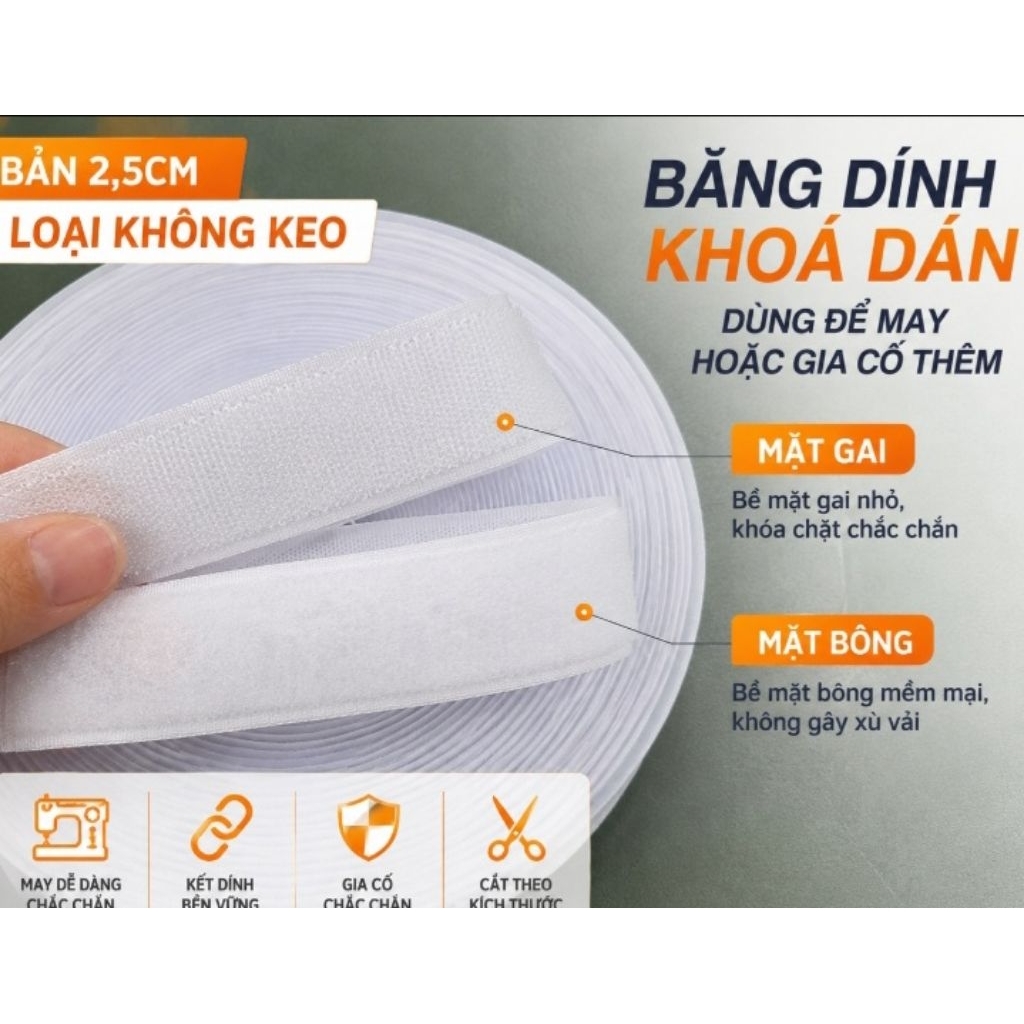 (Không keo) Băng gai bông, nhám gai, nhám bông | Velcro May Túi, Balo, Quần Áo, giày dép, Rèm cửa | 