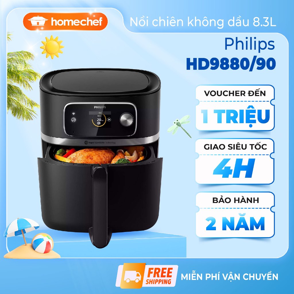 Nồi chiên không dầu điện tử Philips HD9880, dung tích 8.3L, công suất 2000W, bảo hành 2 năm