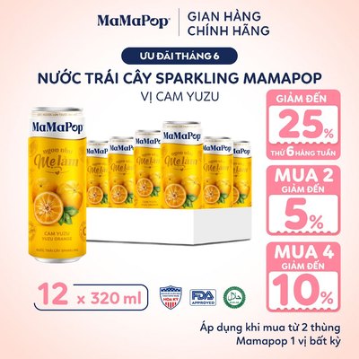 Thùng 12 Lon Nước Trái Cây Có Gas MaMaPop Cam Yuzu 320ml ÍT ĐƯỜNG Từ Trái Cây Nguyên Chất Bổ Sung VITAMIN C Và KOMBUCHA