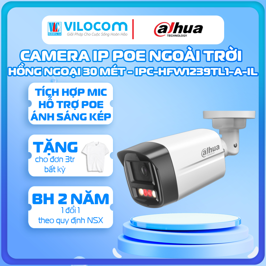 Camera IP POE ngoài trời 2MP DAHUA DH-IPC-HFW1239TL1-A-IL tích hợp mic, hồng ngoại 30m