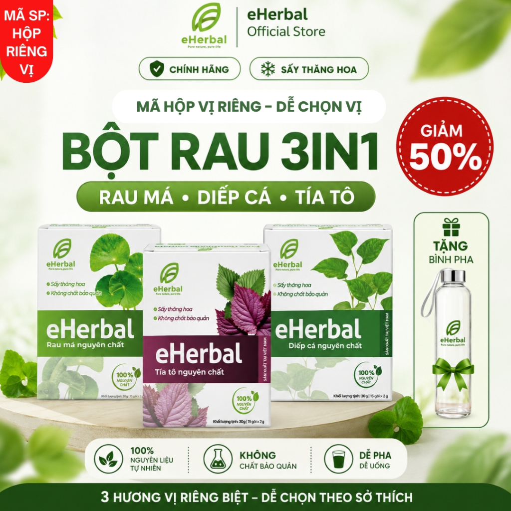 [ Combo 3 Hộp - 3 Vị] Bộ 3 Bột rau detox Eherbal rau má, diếp cá, tía tô - Sấy thăng hoa