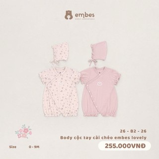 Body Cộ Bé Gái Embes, Body Cộc Tay Cài Chéo Kèm Mũ Chất Cotton Mềm Mại Cho Bé Gái Size Từ 0-9 Tháng
