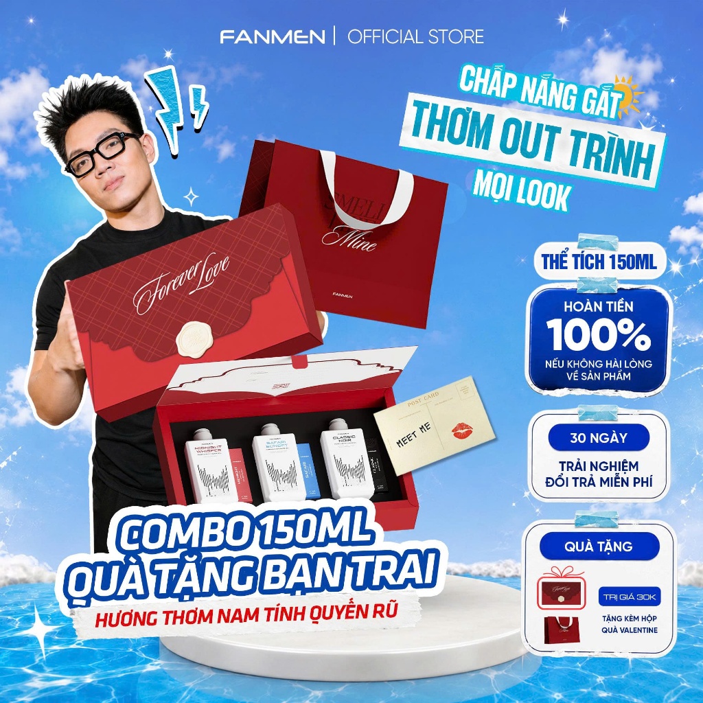 [Combo Quà Tặng Bạn Trai] Bộ 3 Sữa tắm hương nước hoa Fanmen làm sạch sâu 150ml & 3 nước hoa Fanmen 