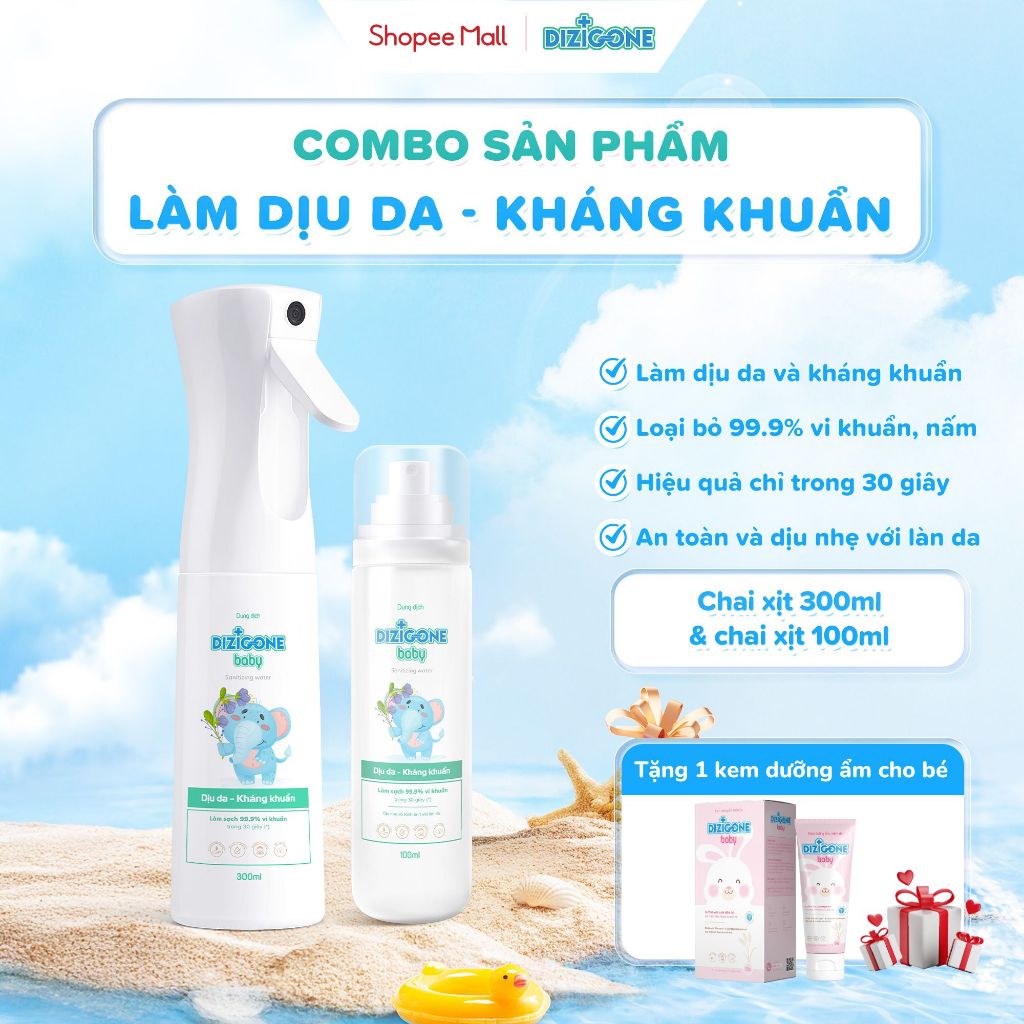 [COMBO] Dung dịch DIZIGONE Baby - Chai xịt 300ml & 100ml: Giúp làm sạch da, kháng khuẩn và làm dịu d
