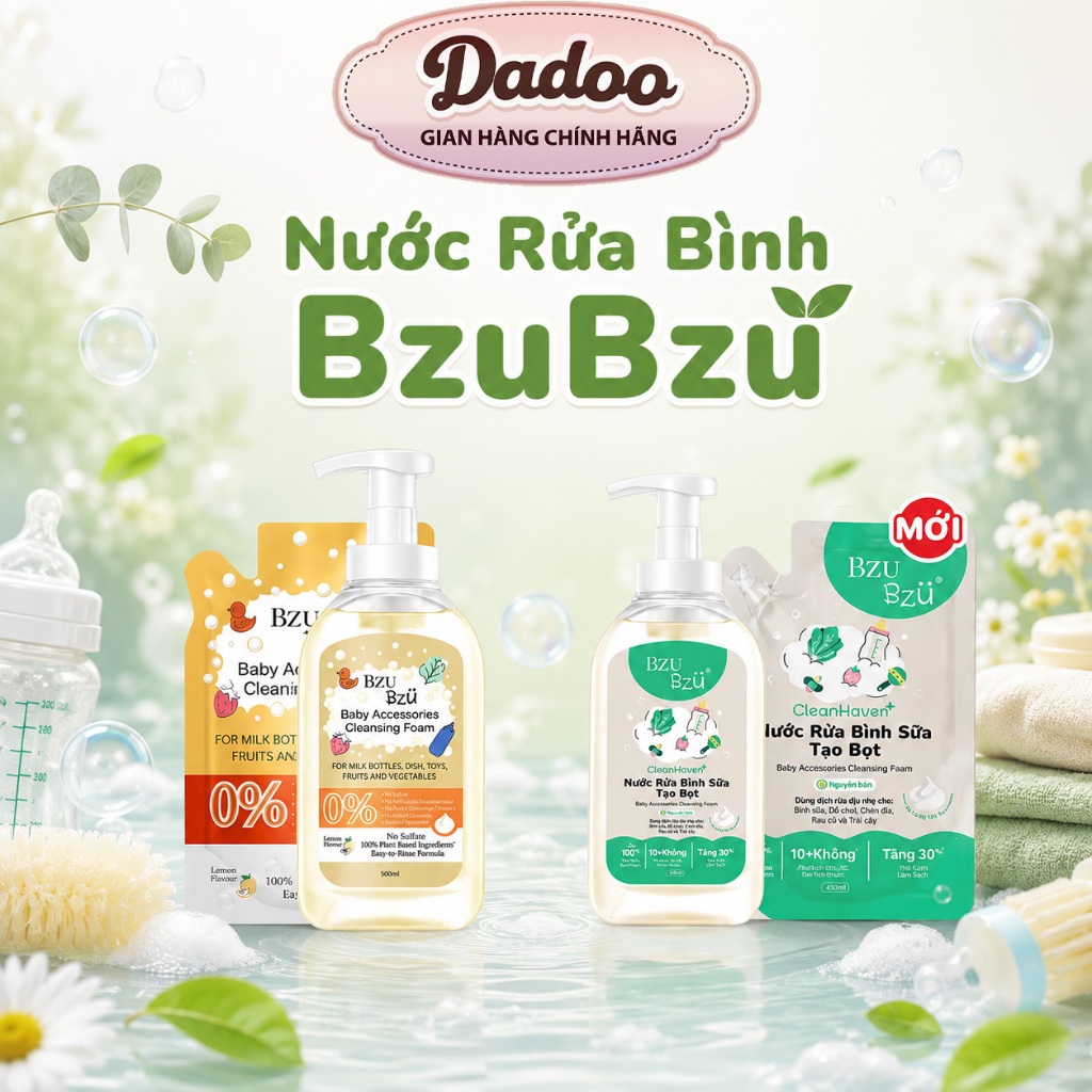 [Bzu Bzu] Nước Rửa Bình Sữa Và Đồ Dùng Em Bé Tạo Bọt Chiết Xuất Thực Vật (Chai 500ml / Túi 400ml)