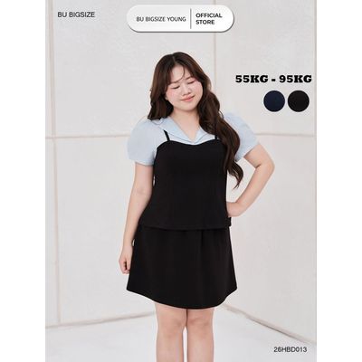 Set bộ áo cổ lật giả 2 lớp phối kẻ mix chân váy xòe BIGSIZE (55kg đến 95kg) – 26HBD013 - [BU Bigsize Young]
