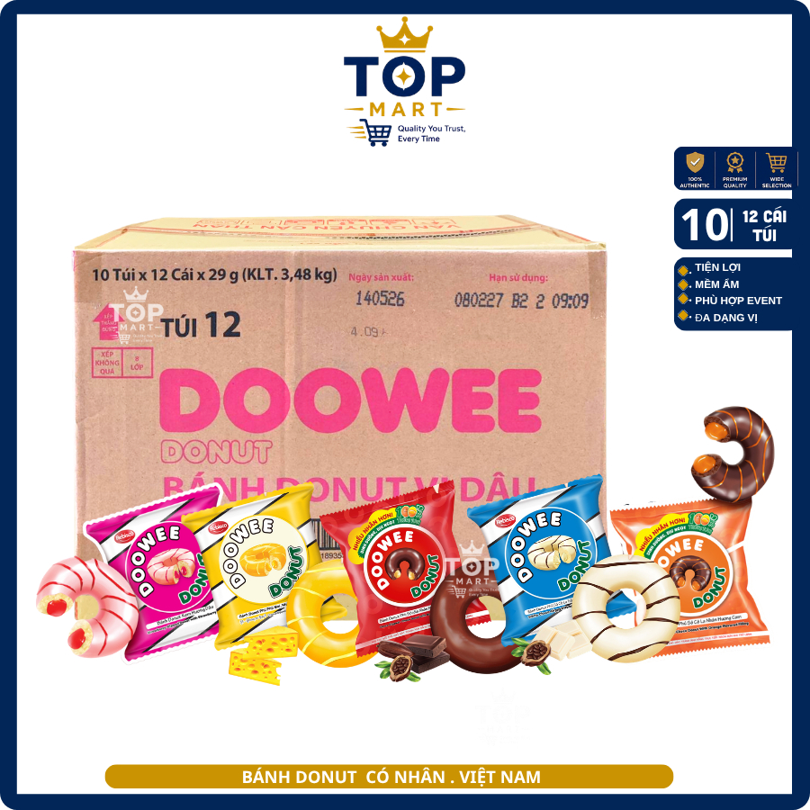 [HSD mới] [Thùng 10 túi] Bánh Donut DOWEE Rebisco Đủ vị_12 cái/ túi 360gr_Topmart