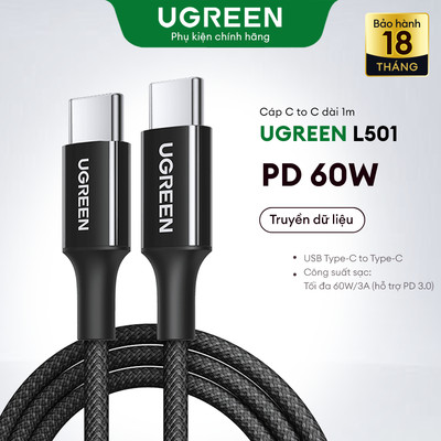 Cáp sạc nhanh Ugreen L501 USB-C  60W dài 1M | Sạc nhanh dòng 3A | Tốc độ truyền tải 480Mbps | Bảo Hành 18 tháng