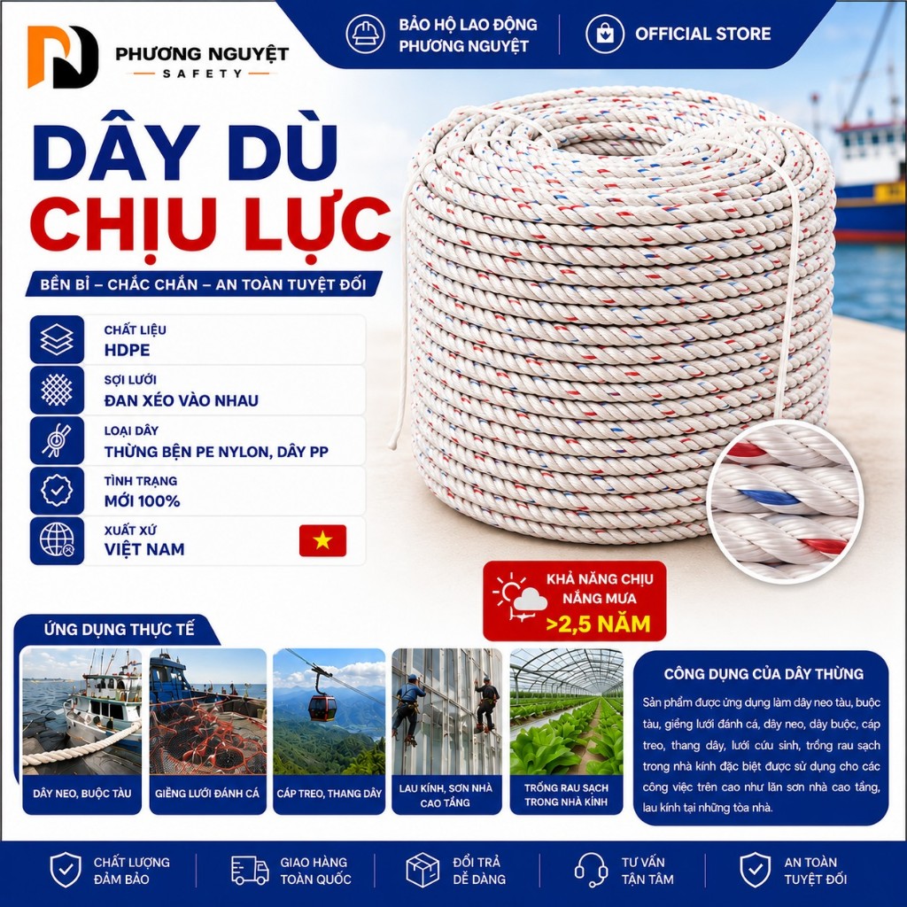 Dây thừng, dây cứu sinh chất liệu PP đường kính D16 chiều dài 50m