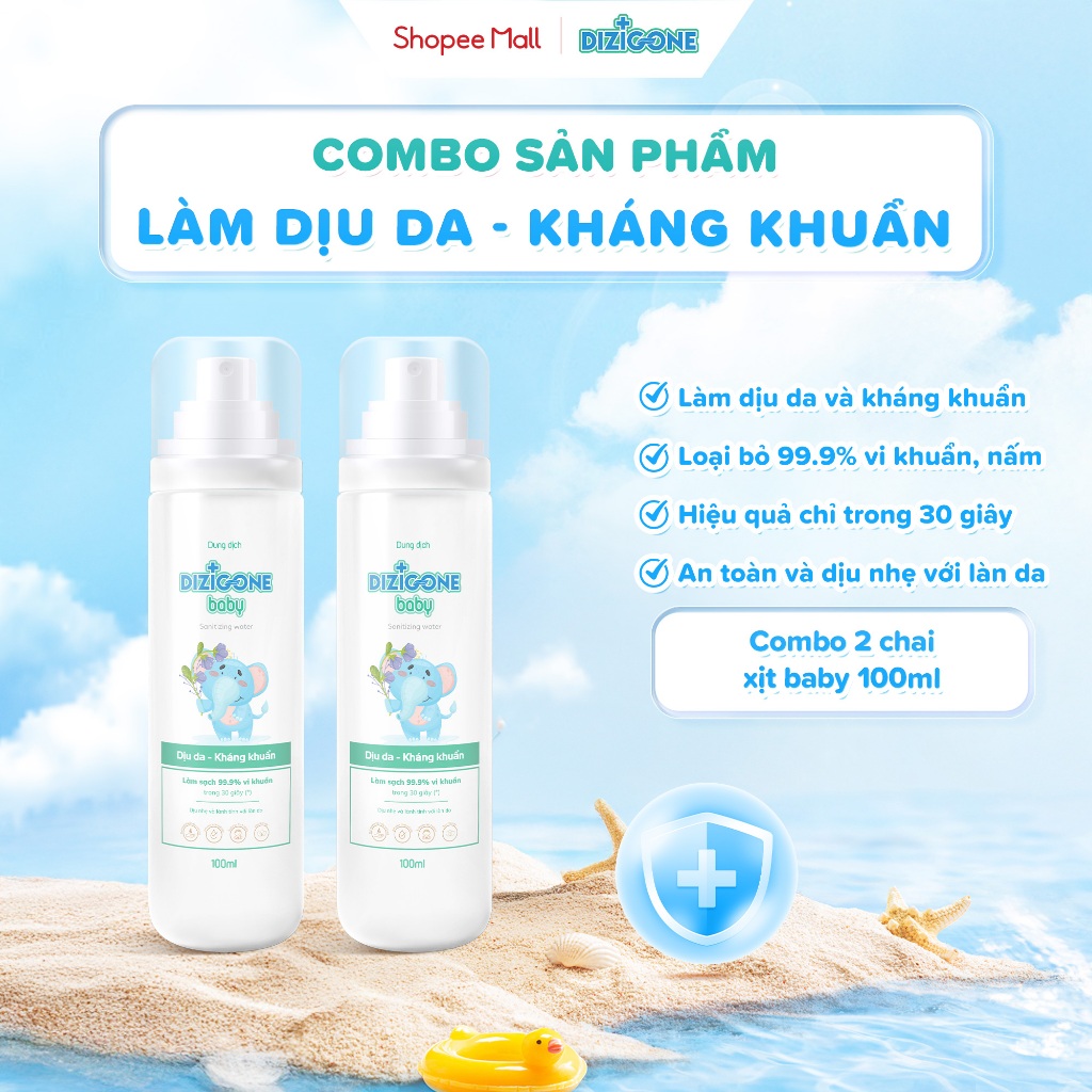 [COMBO] Dung dịch DIZIGONE Baby - 2 chai xịt 100ml: Giúp làm sạch, kháng khuẩn và làm dịu da bé