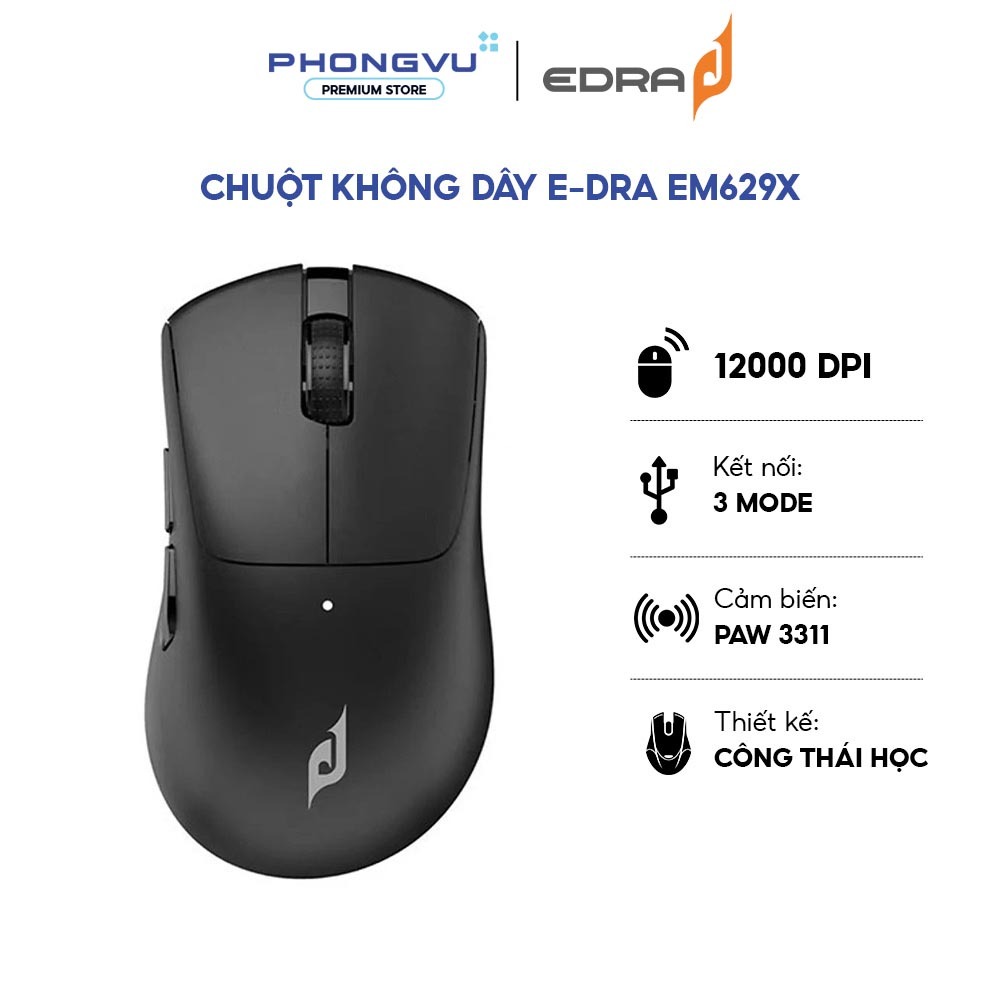 Chuột E-Dra EM629X Triple Mode (Đen) - 12000 DPI - Công Thái Học, Siêu Nhẹ 59g, - Bảo Hành 12 Tháng