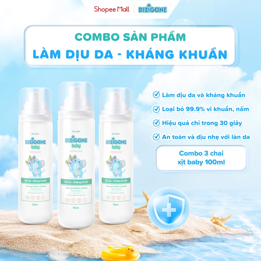 [COMBO] Dung dịch DIZIGONE Baby - 3 chai xịt 100ml: Giúp làm sạch da, kháng khuẩn và làm dịu da cho 