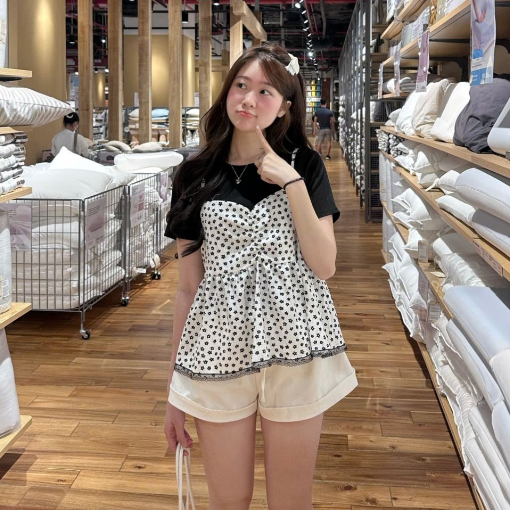 set áo yếm babydoll hoa nhí kèm áo thun set áo yếm nữ | BigBuy360 - bigbuy360.vn