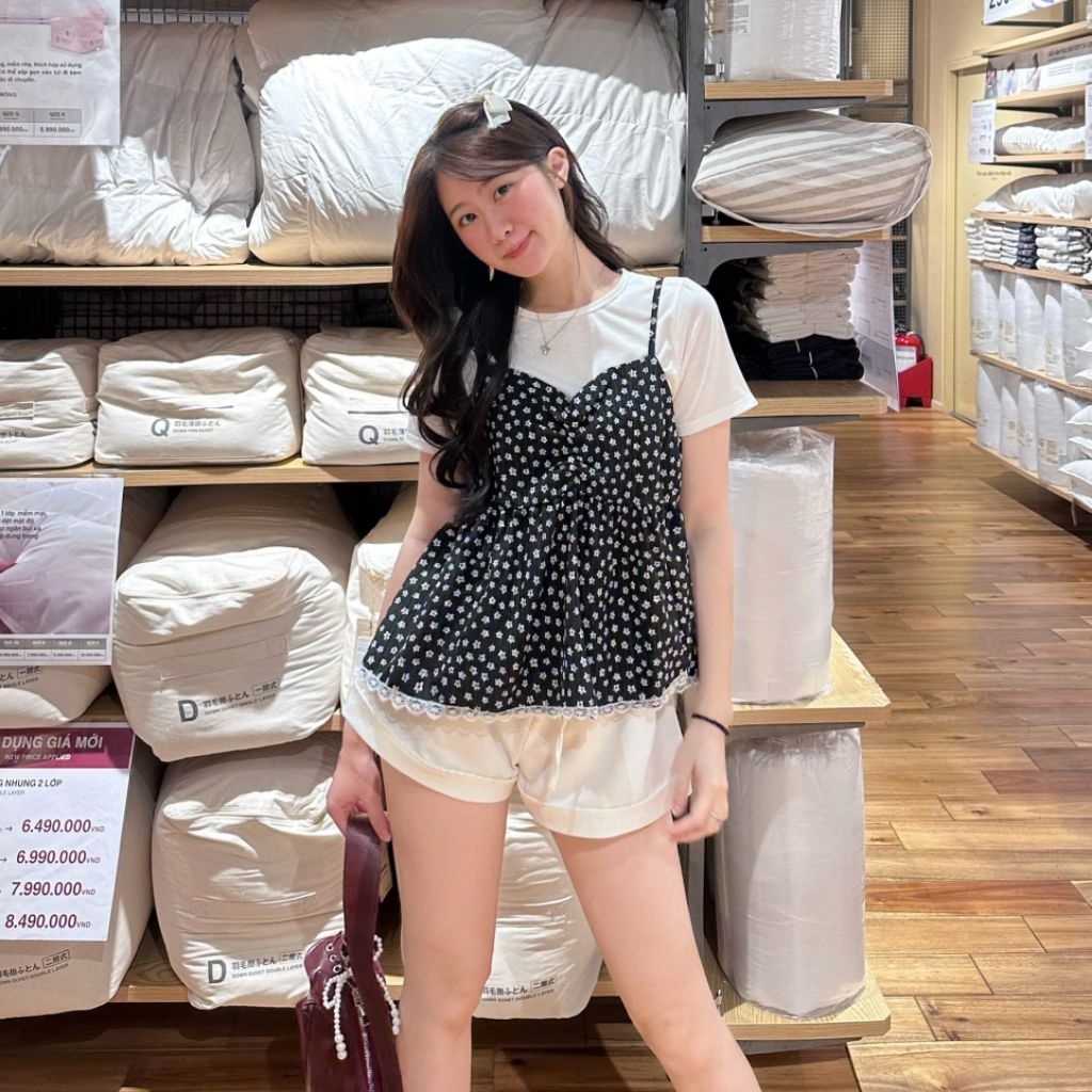 set áo yếm babydoll hoa nhí kèm áo thun set áo yếm nữ | BigBuy360 - bigbuy360.vn
