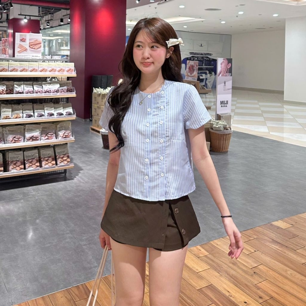 áo sơ mi kẻ sọc cổ tròn phong cách hàn quốc | BigBuy360 - bigbuy360.vn