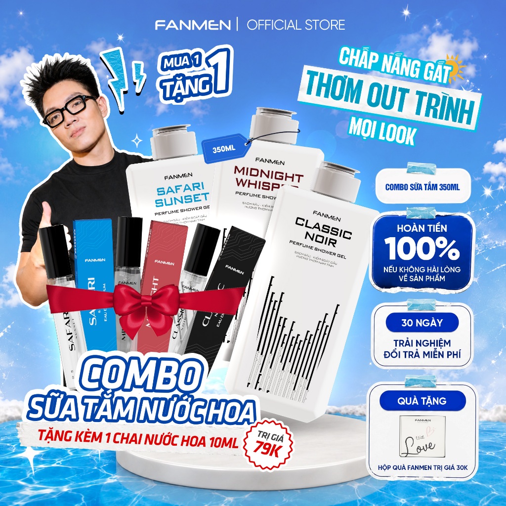 Sữa tắm hương nước hoa Fanmen làm sạch sâu, cấp ẩm 350ml-Tặng kèm nước hoa nam Fanmen hương thơm nam