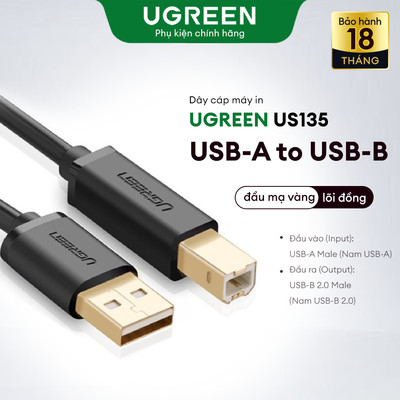 Dây cáp máy in Ugreen US135  USB-A sang USB-B  đầu mạ vàng, lõi đồng  Ba lớp chống nhiễu | Tốc độ truyền dữ liệu 480Mbps