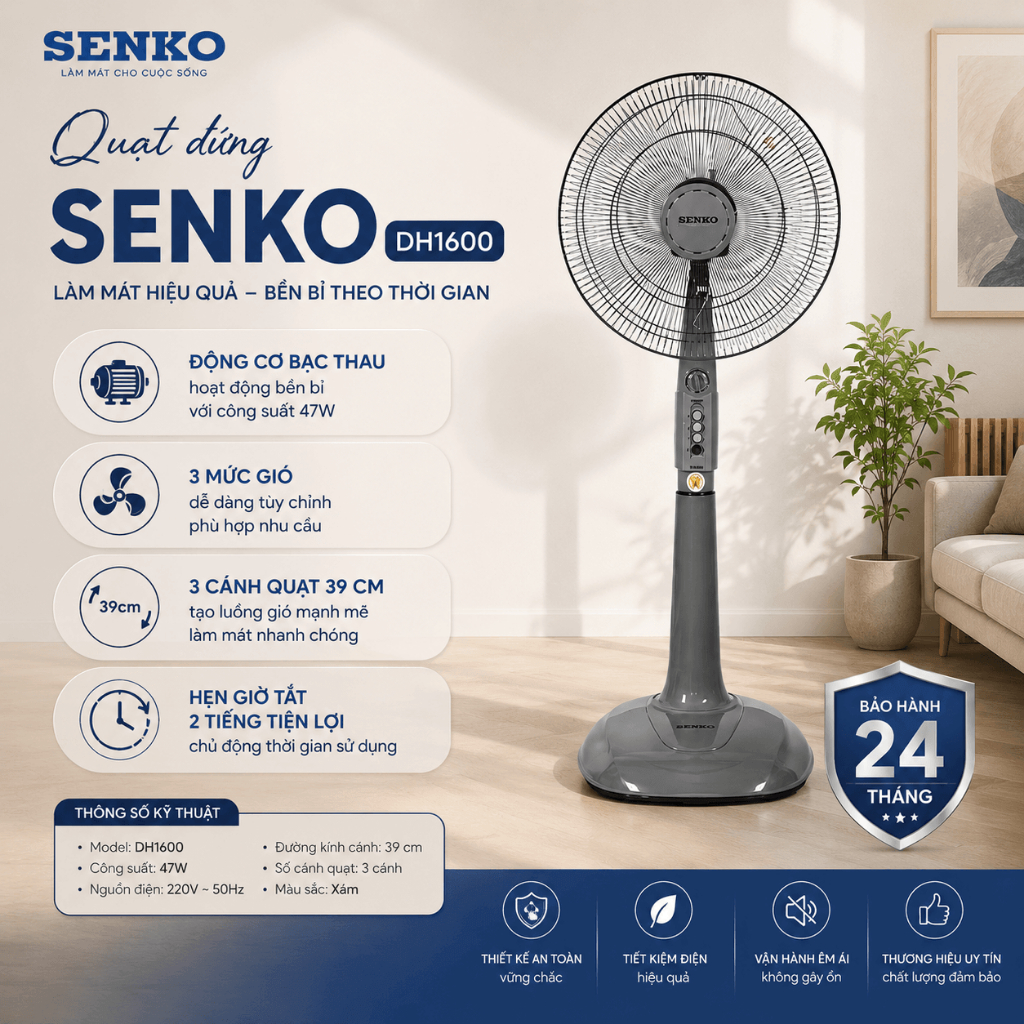 Quạt đứng Senko 3 cánh DH1600 47W - 3 Chế độ gió - 3 cánh quạt - Bền Bỉ - Tiết kiệm điện