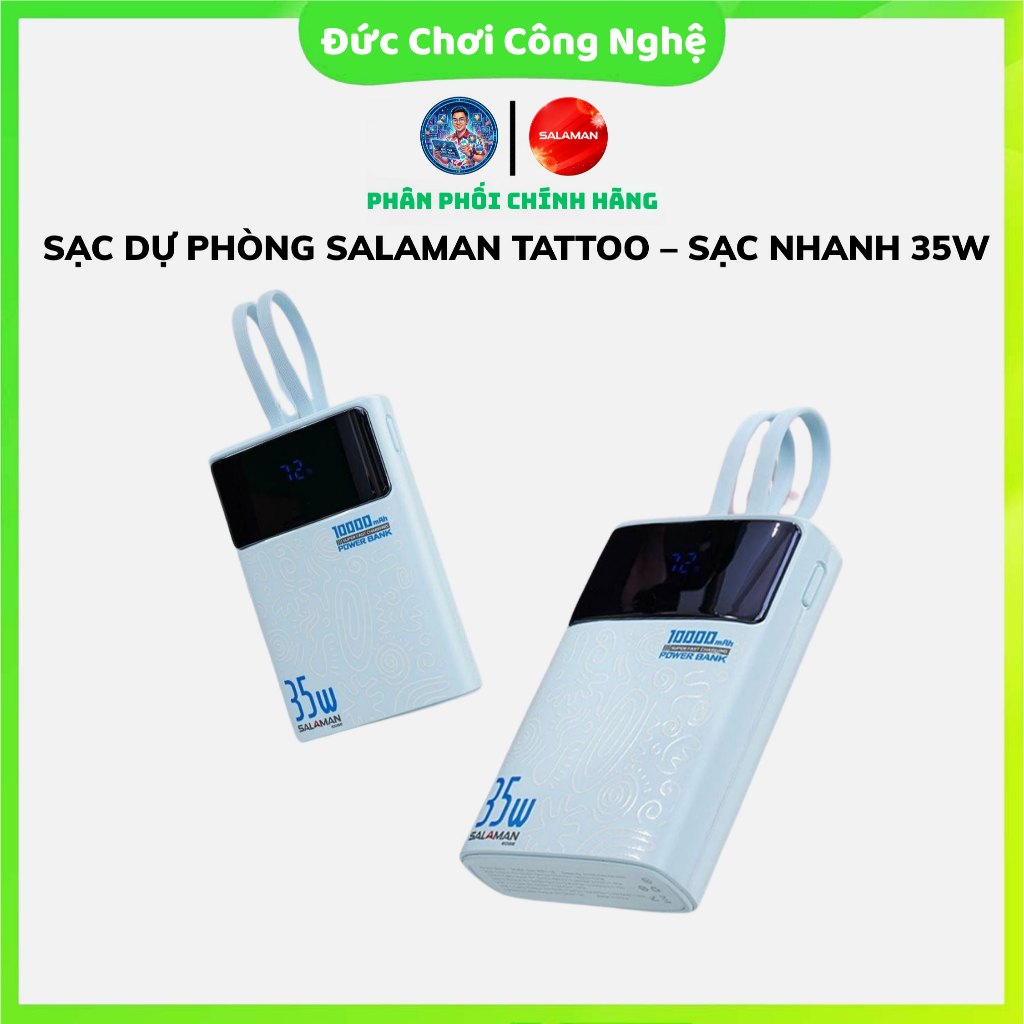 PIN DỰ PHÒNG SALAMAN TATTOO – SẠC NHANH ĐA NĂNG, HỖ TRỢ IPHONE 15 PRO MAX & ANDROID, CÓ SẴN CÁP ĐÔI