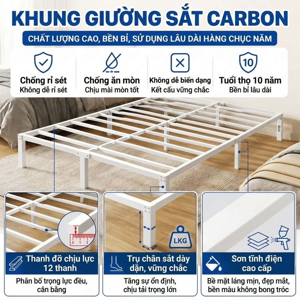 ALVIN Giường ngủ sắt giường ngủ hiện đại Chống ẩm và chống gỉ hoạt động êm ái tải trọng tối đa 150KG | BigBuy360 - bigbuy360.vn