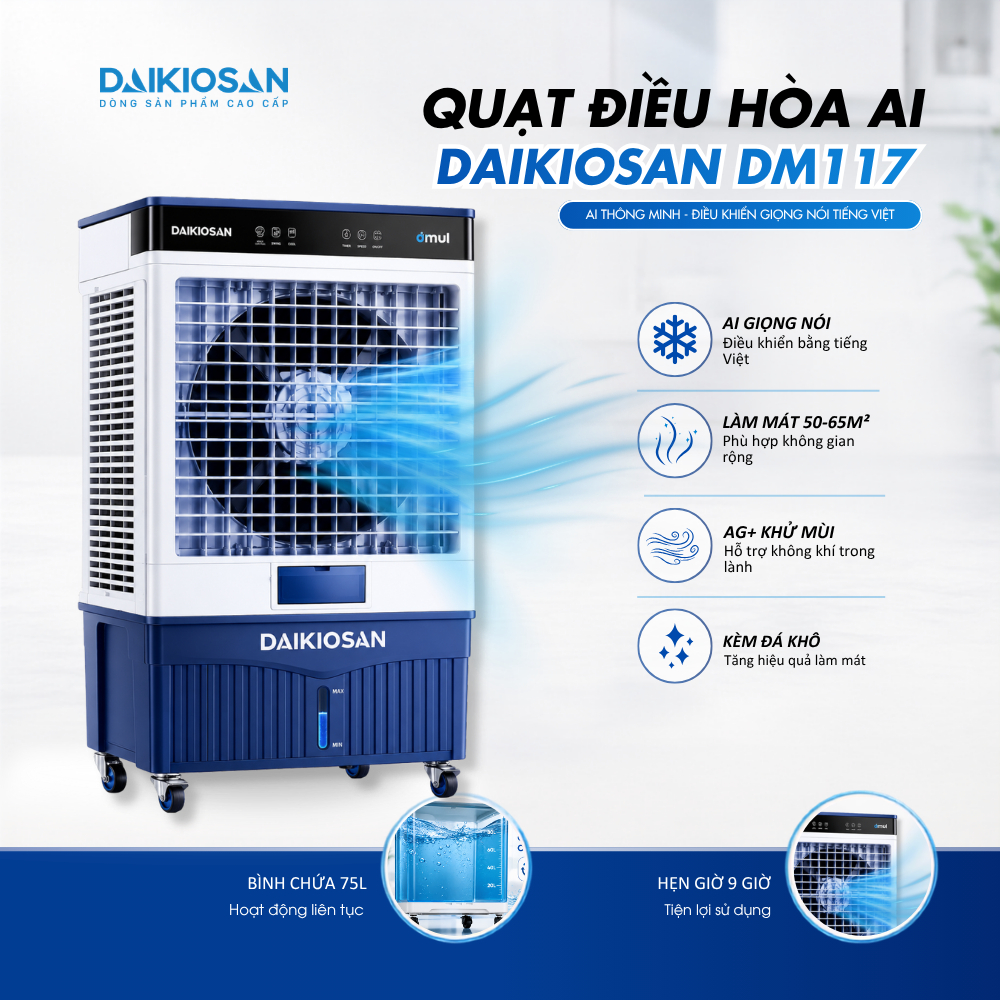 Quạt điều hòa Daikiosan DM117 điều khiển giọng nói Ai công nghệ Ag+ kèm đá khô chính hãng