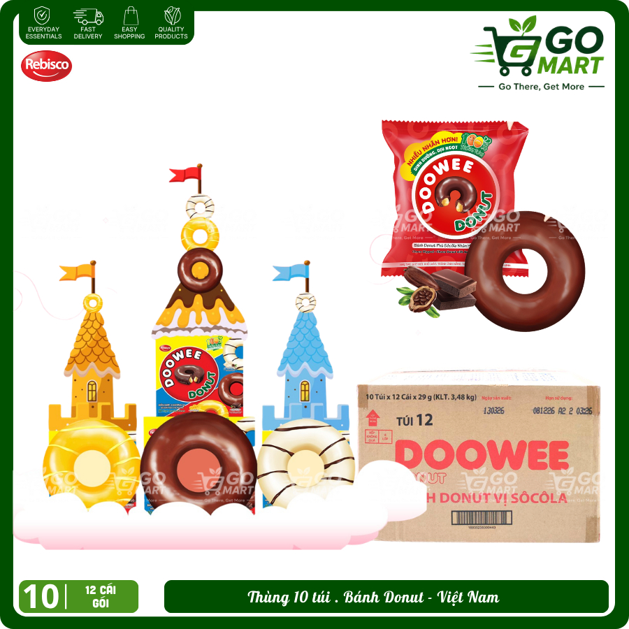 [HSD mới] [Thùng 10 túi] Bánh Donut DOWEE Rebisco Đủ vị_12 cái/ túi 360gr_gomart