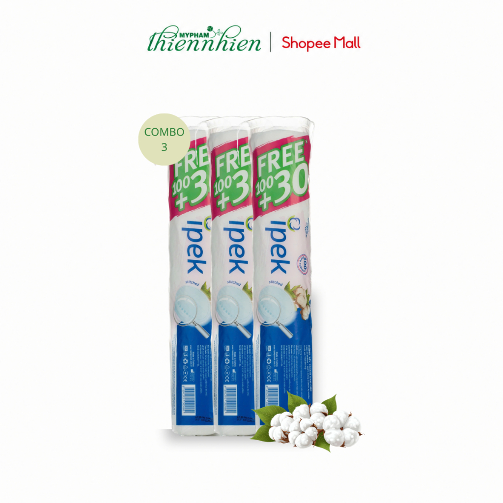 Combo 3 Bông Tẩy Trang Ipek Chất Liệu Cotton Mềm Mịn An Toàn Cho Da 130 miếng ( 3 x 130 miếng ) tặng mặt nạ