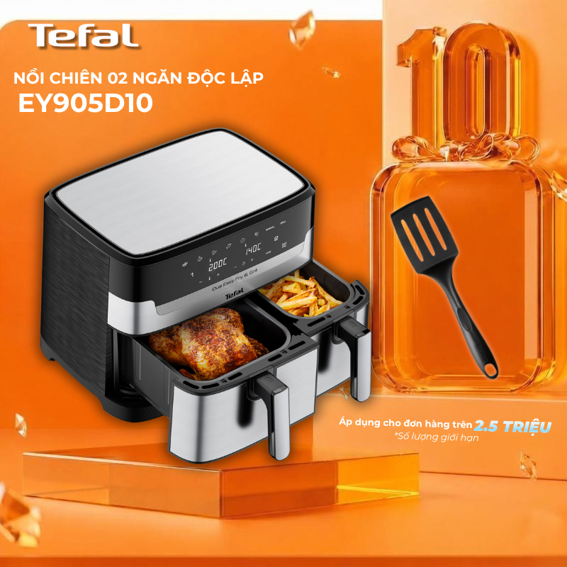 Nồi chiên không dầu điện tử 2 ngăn Tefal Dual Easy Fry & Grill EY905D10 - Bảo Hành Chính Hãng 02 Năm