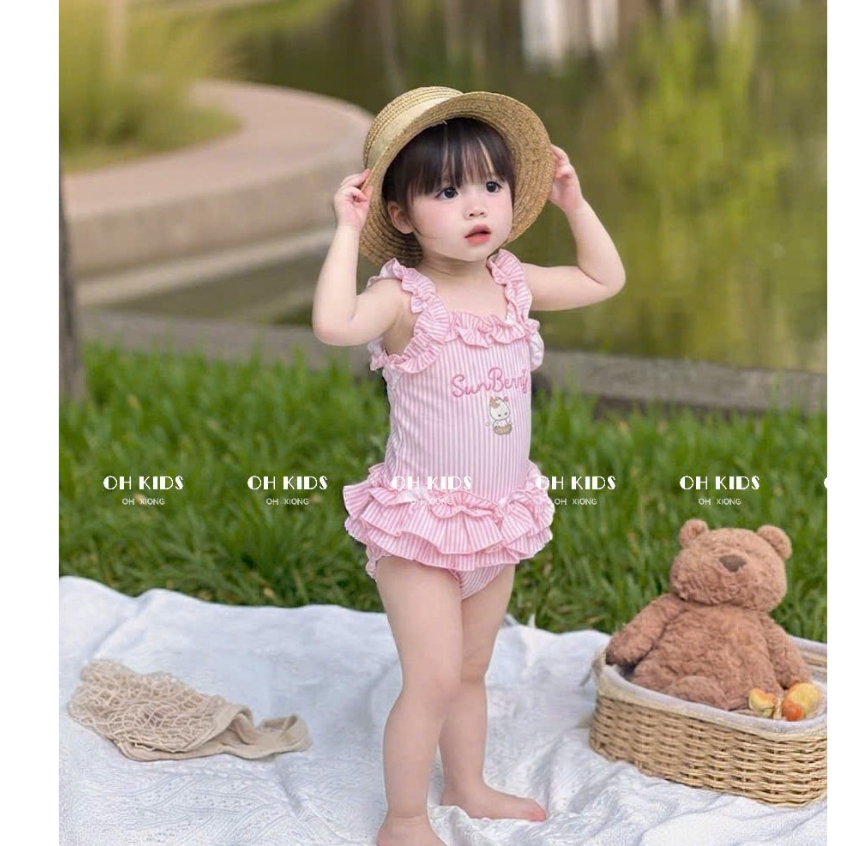 Đồ bơi cho em bé gái, đồ bơi bé gái 10 tuổi, bộ bơi liền thân phối bèo hai tầng đáng yêu 8-18kg Haki